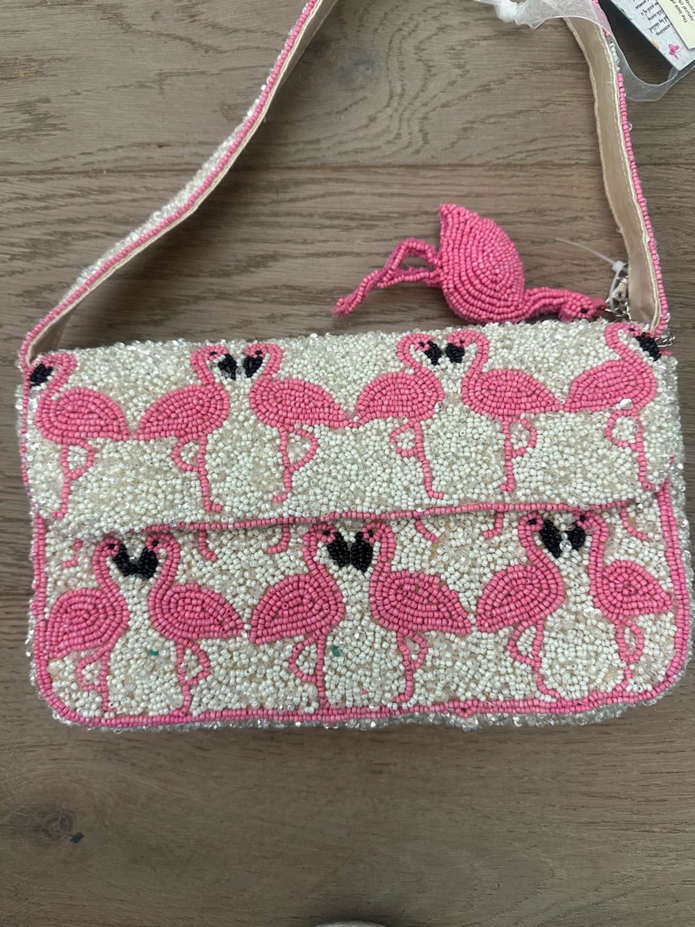 Viral America & Beyond Hand Beaded Flamingo Shoulder Bag w/ Flamingo Keychain - Picture 6 of 6